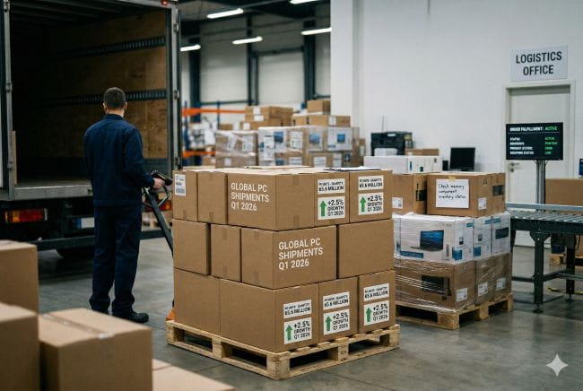 Lagerlokal där en person lastar/lastar ur pallar med kartonger.